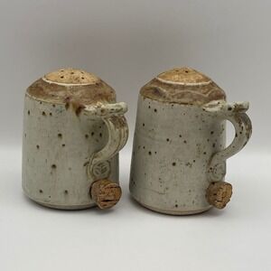 Vintage 1980 POTTERY Salt Pepper Shakers Handcrafted Rustic Farmhouse Handles